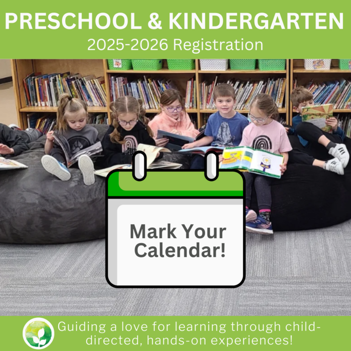 Children reading on comfy chairs. Text kindergarten and Preschool Registration mark your calendar