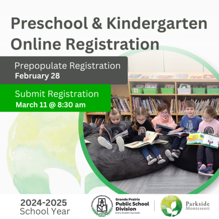 Children reading on comfy chairs. Text kindergarten and Preschool Registration start registration Feb 28 and submit forms march 11